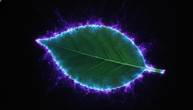Kirlian photography of green leaf showing glowing neon electrical coronal discharge