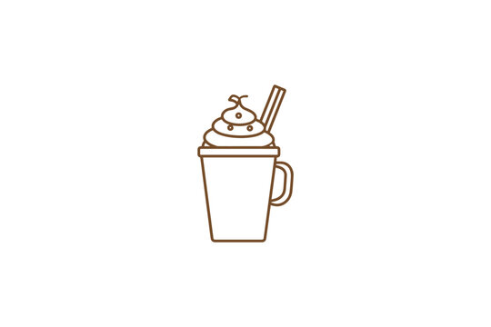Outline illustration of a coffee mug topped with whipped cream, sprinkles, and a cinnamon stick, warm beverage.