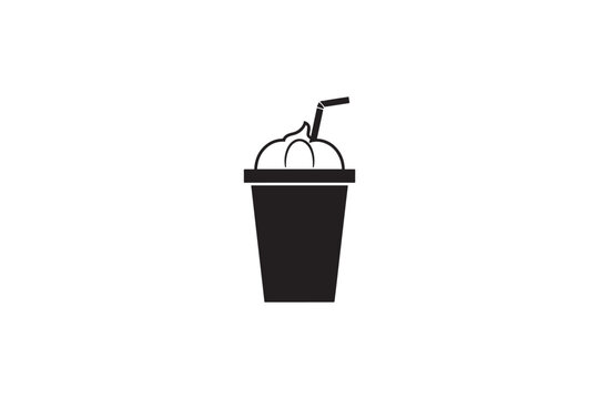 Solid black silhouette of a sweet frappe drink with whipped cream and a straw, refreshing beverage icon.