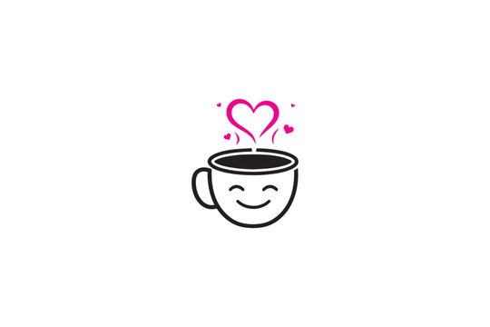 Cute smiling coffee cup with hearts and steam above, representing love for coffee, morning beverage, happy start.