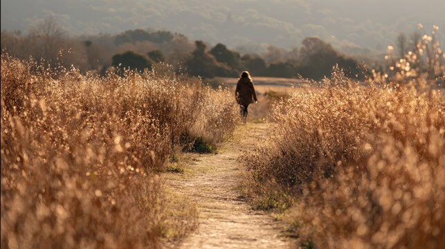 Person walks down a sunlit path through dry golden reeds in nature