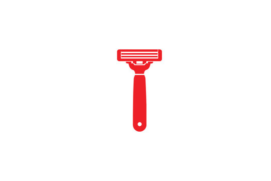Red silhouette icon of manual safety razor isolated on white background featuring multi blade shaving head design concept for cosmetic branding needs.
