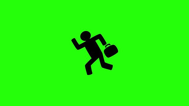 Dynamic 4K resolution asset showing a busy businessman running fast with a briefcase silhouette bouncing into frame. Playful popup morning rush hour icon element.