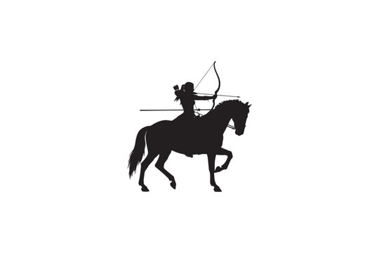 Female mounted archer silhouette vector illustration warrior woman shooting bow and arrow while riding horse on white background historical theme.