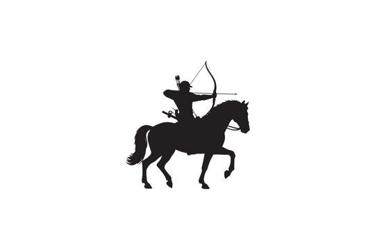 Silhouette of man riding horse and shooting bow and arrow in dynamic action pose against clean white background.