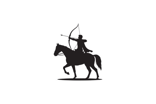 Dynamic silhouette of man riding horse and shooting bow and arrow in side profile on isolated white background.