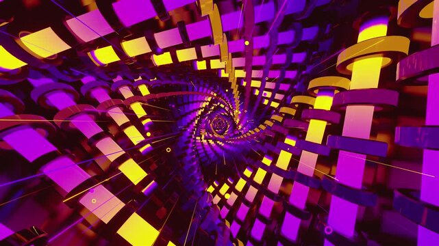 VJ loop of a futuristic cyber tunnel. Abstract vortex made of twisting mechanical structures and glowing segments, for electronic music festivals, club visuals, stage screens and for LED video walls