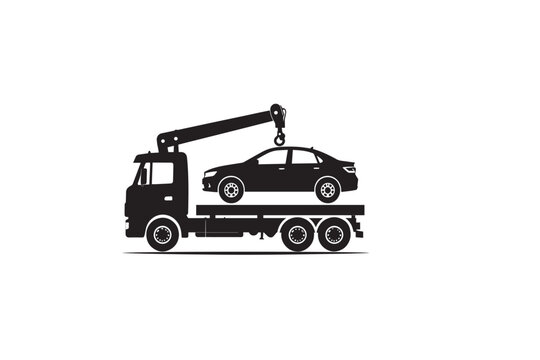 Heavy duty tow truck carrying modern sedan car on flatbed trailer assistance service for vehicle breakdown accident recovery transport.