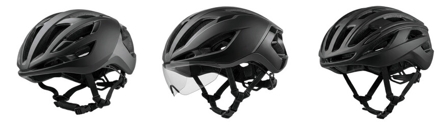 Fototapeta premium A Set of sleek black cycling helmets with adjustable straps and visor options, isolated on white background protective bike safety gear PNG for sports catalog design