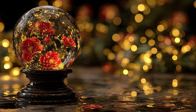 Festive glass orb with blooming red flowers, set against blurred holiday lights