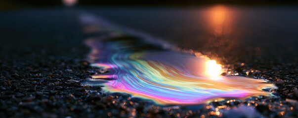 Obraz premium Iridescent oil spill reflecting sunset light on wet dark asphalt road surface