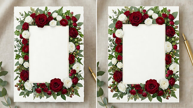 blank white card framed by a dense border of red roses, smaller white flowers, and varied green leaves, on a light neutral surface with gold, 32K Resolution