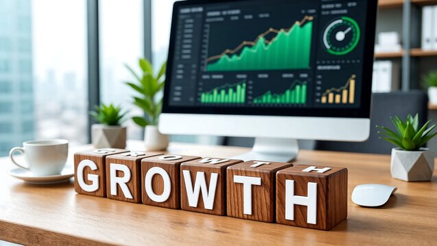 Growth concept with wooden blocks on office desk in front of computer monitor with graphs and charts on screen