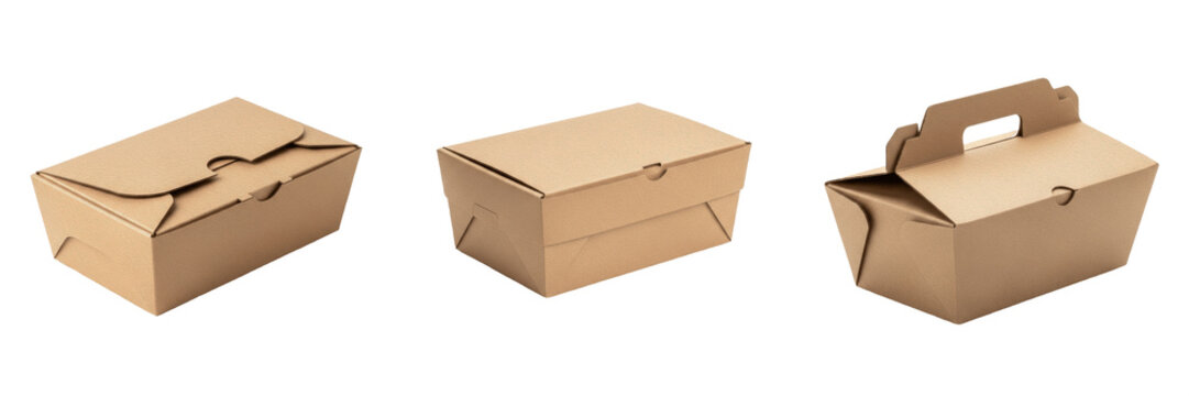 Set of Three Realistic Kraft Paper Food Boxes Isolated on White Background. Sustainable Takeaway Packaging Mockups for Restaurant Delivery, Eco-Friendly Branding, Catering Services, and Fast Food Grap