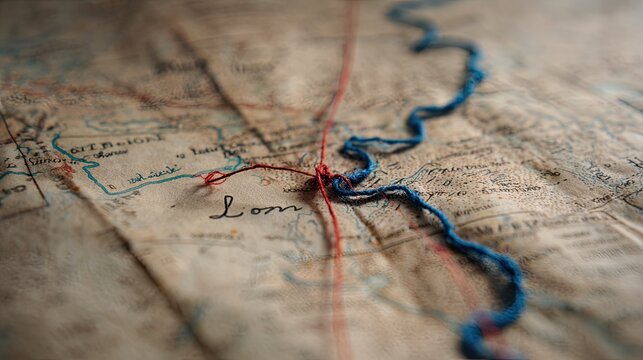 Close-up of an old map with threads forming a path, highlighting a written name