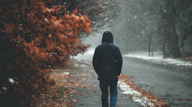 Solitary figure walks down a path beside trees as snow falls