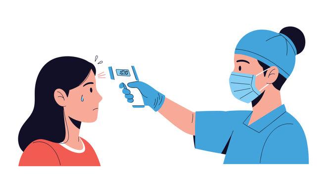 Medical worker in blue uniform and surgical mask using an infrared thermometer to scan a woman's forehead for fever.