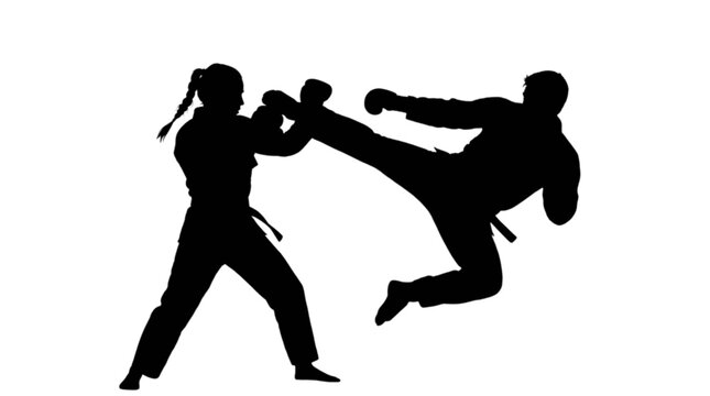 Martial arts fighters in dynamic action pose isolated on transparent background, Vector