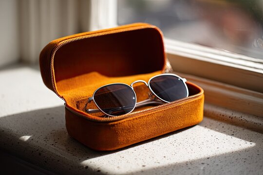 A pair of stylish sunglasses rests in a fuzzy orange case on a windowsill