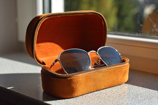 Sunglasses resting in an open, orange, fuzzy case on a windowsill