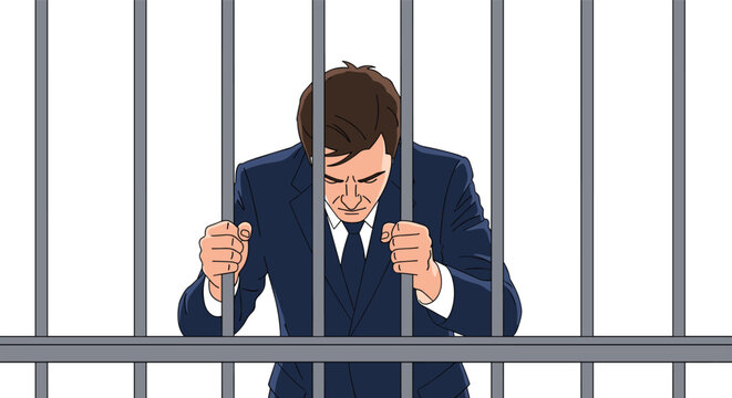Depressed businessman in a suit leaning against the bars of a prison cell representing legal trouble or confinement.