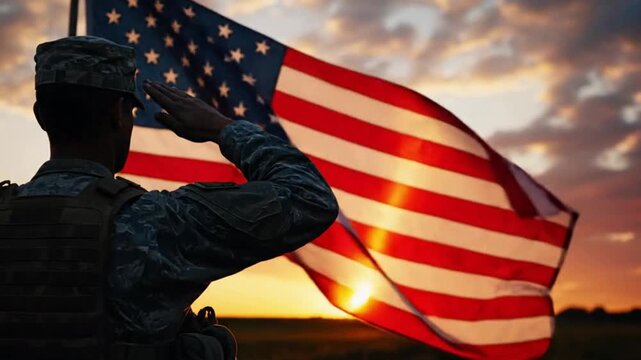 A soldier in uniform saluting the american flag at sunset