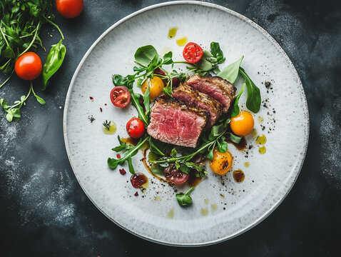 An overhead shot of sliced medium-rare beef steak served on a ceramic plate with cherry tomatoes, fresh greens, and olive oil dressing.