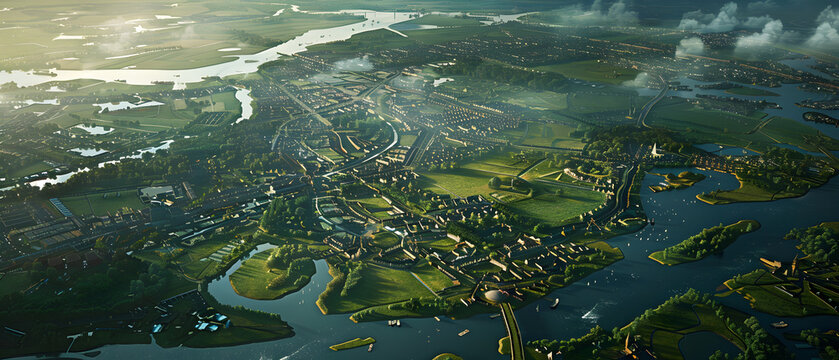 "Stunning Cityscape: River Delta with Unique Branching Formation and Vibrant Urban Life Explored"