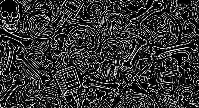 Intricate monochrome pattern with bones and skulls illustration.