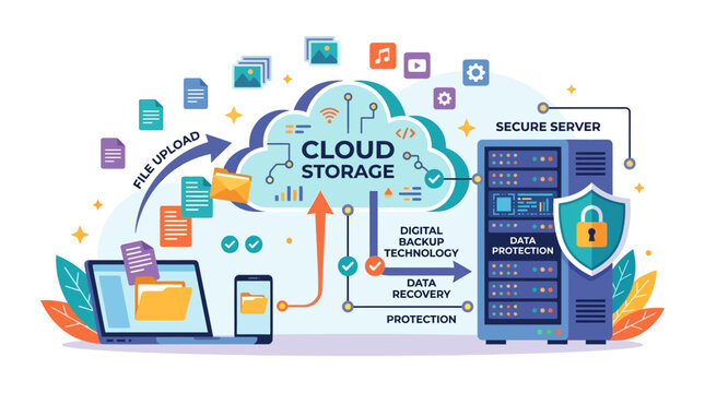 A secure server protects cloud storage with various devices connected online.