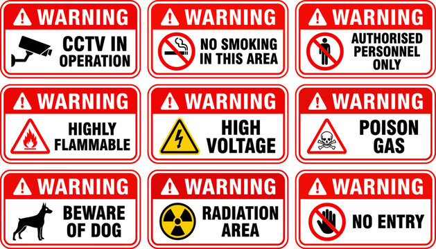 Collection of warning signs for safety and hazard alerts