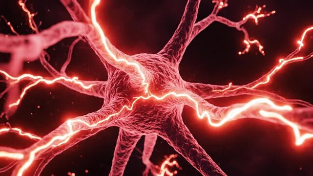 Microscopic view of a red nerve cell with glowing synapses and electrical activity