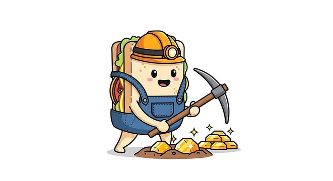 Cartoon miner with pickaxe and lantern digging.