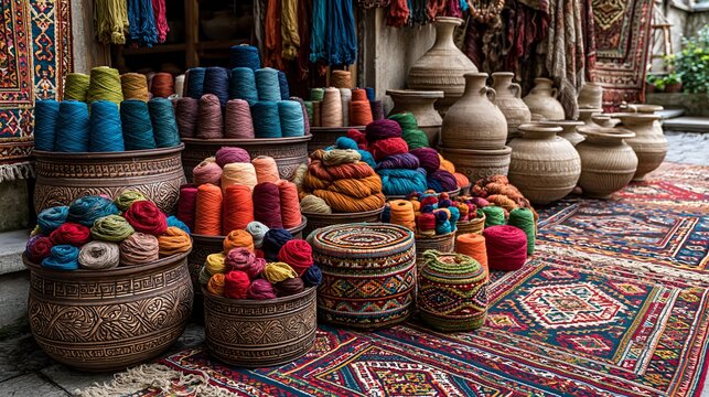 Bright threads in containers and woven rugs on the ground fill the old marketplace in Georgia.