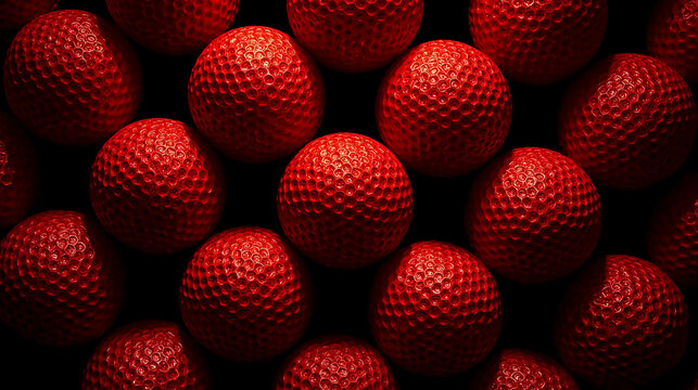 A high-angle, close-up shot of numerous textured, bright red golf balls packed tightly together against a dark, shadowed background, highlighting their dimpled surfaces and glossy finish.