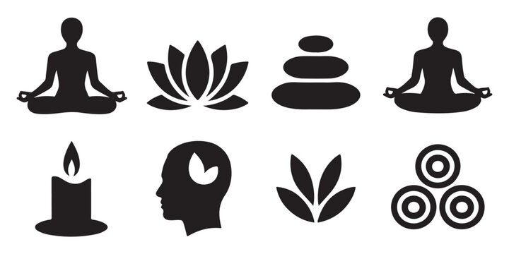 Spiritual wellness yoga and meditation vector icons with lotus flower stones candle flame and mindful head symbols.