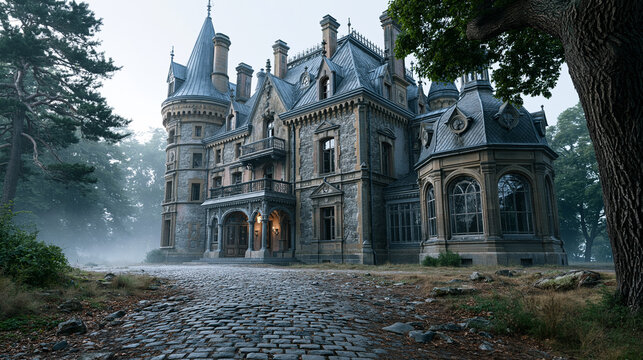 Gothic castle mansion in misty forest, fantasy architecture background with copy space
