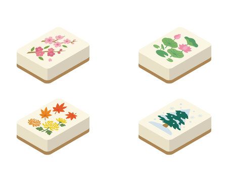 Chinese Mahjong Four Seasons Bonus Tiles Complete Set Flat Vector Isometric Illustration