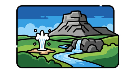 Obraz premium Cartoon mountain with flowing water stream.