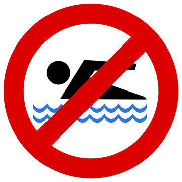 Se&ntilde;al de prohibido el ba&ntilde;o aislada sobre fondo transparente, icono de prohibido nadar con silueta y olas.