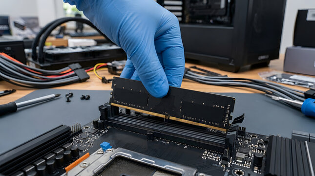 Close-up of a technician wearing a blue nitrile glove installing a black DDR4 RAM module into a motherboard DIMM slot on a professional workbench with computer hardware and tools in the background.