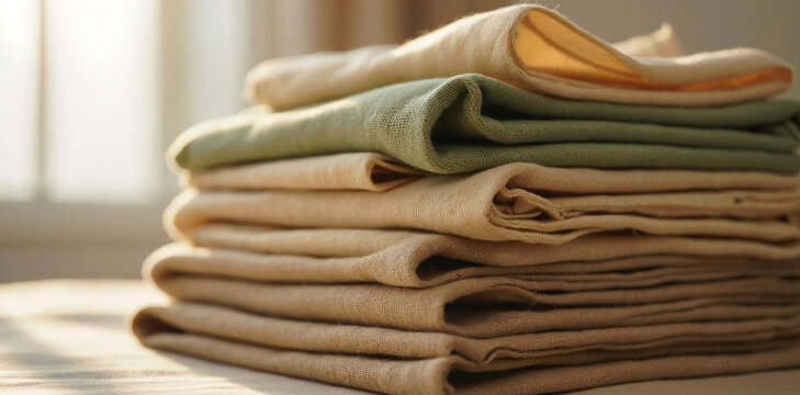 Neatly folded stack of soft cotton fabric textiles in neutral earth tones with fabric swatch material science textiles material interior clothing tailoring background softness textural