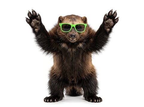 A playful wolverine stands on hind legs wearing bright green sunglasses, creating an amusing scene.