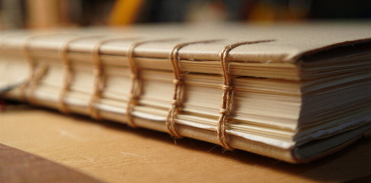 Close-up of handmade book binding detail with handmade stitching bookbinding literary publication hardcover craftsmanship creative workshop material close-up notebook literature