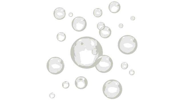 Floating soap bubbles vector illustration, transparent water spheres on white background, clean air bubbles for hygiene and laundry design