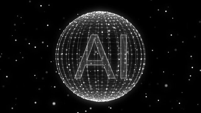 Abstract black sphere in AI big data network connection. Futuristic flow of dots and lines. Science background. 3D model dynamic security circle. Global technologies. 3D rendering.