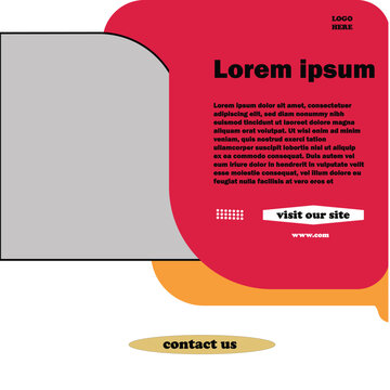 Modern red speech bubble flyer template vector with bold lorem ipsum text, logo placeholder, contact button, and layered layout