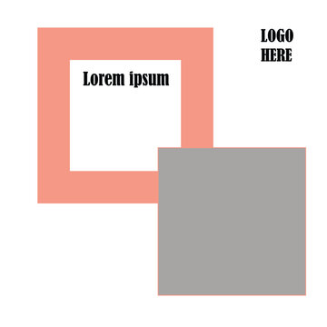 Abstract geometric flyer template with overlapping coral square border, gray block, logo placeholder, and lorem ipsum text