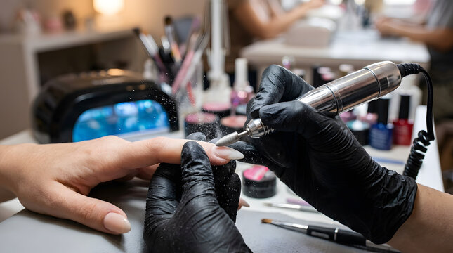 Professional manicurist in black gloves using an electric nail drill for hardware manicure treatment on client's fingernails in modern beauty salon with UV lamp and polish bottles background.