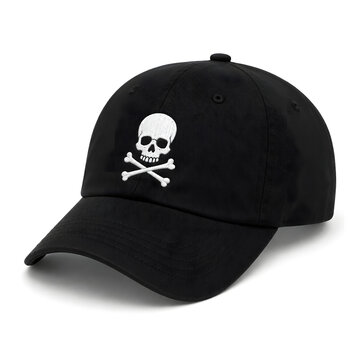 Modern streetwear black dad hat with skull pirate symbol front side view